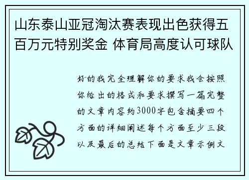 山东泰山亚冠淘汰赛表现出色获得五百万元特别奖金 体育局高度认可球队努力